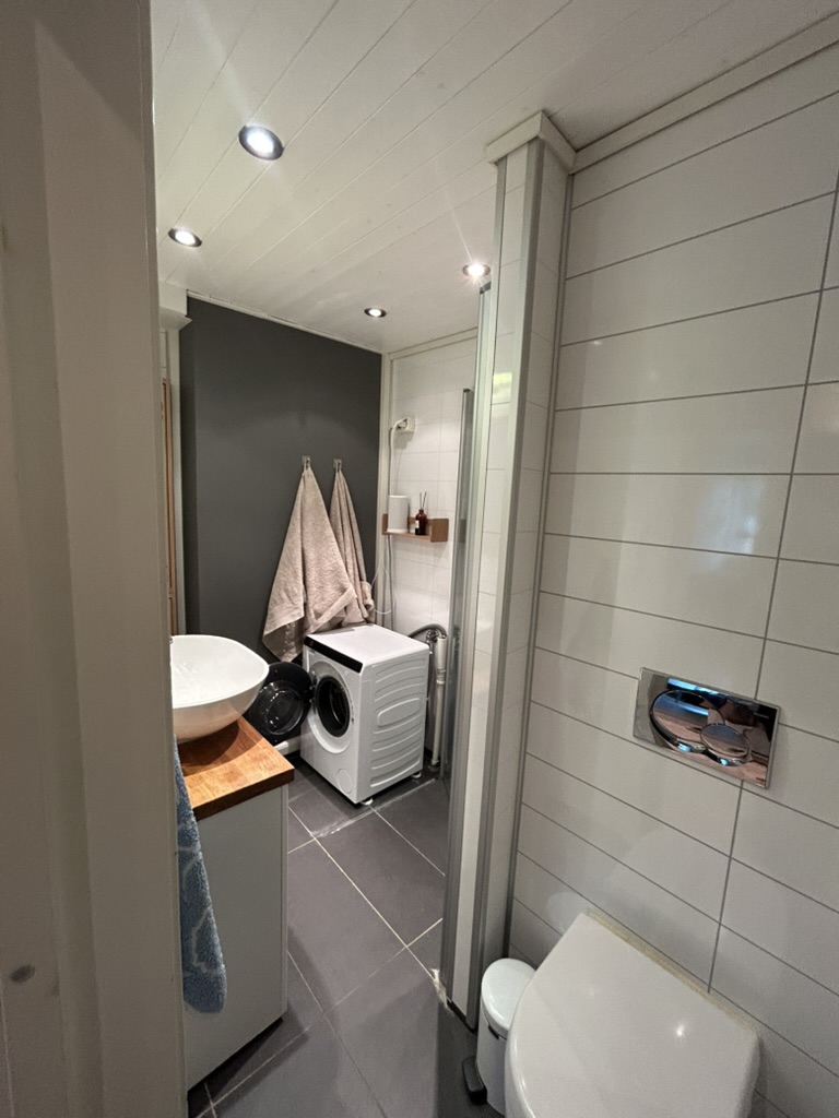 Hjelp til levering og innbæring av vaskemaskin (97,5 kg) på svært lite bad – bilde 2